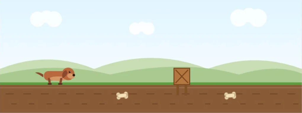 WienerDog Dig gameplay: a dachshund running past bones and obstacles in a grassy backyard