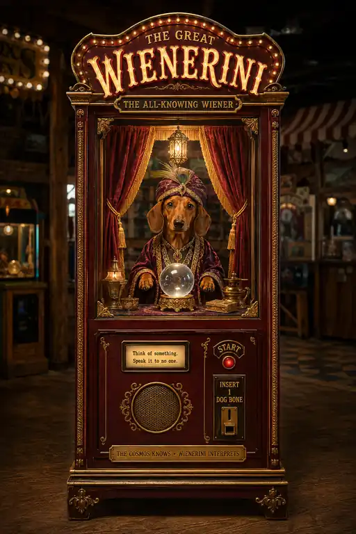 The Great Wienerini fortune-telling machine, with its ornate carnival cabinet and dachshund oracle
